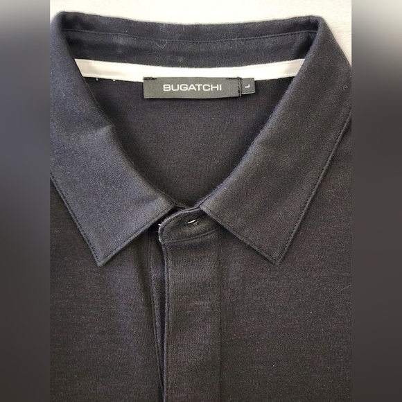 NWOT Bugatchi Men's Black Polo Shirt Short Sleeve White Stripes Detail, sz LG - Picture 2 of 12